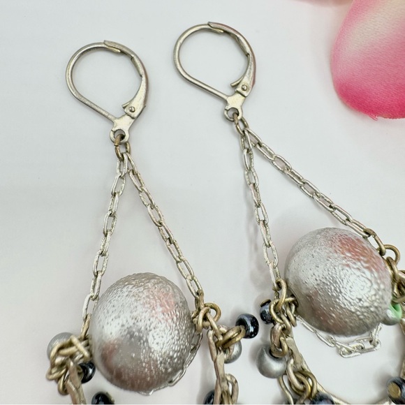 Vintage Chain Textured Bead Chandelier Leverback Swag Dangle Earrings Edgy - Picture 4 of 9